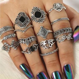 15 PC Silver & Black Geometric Rings